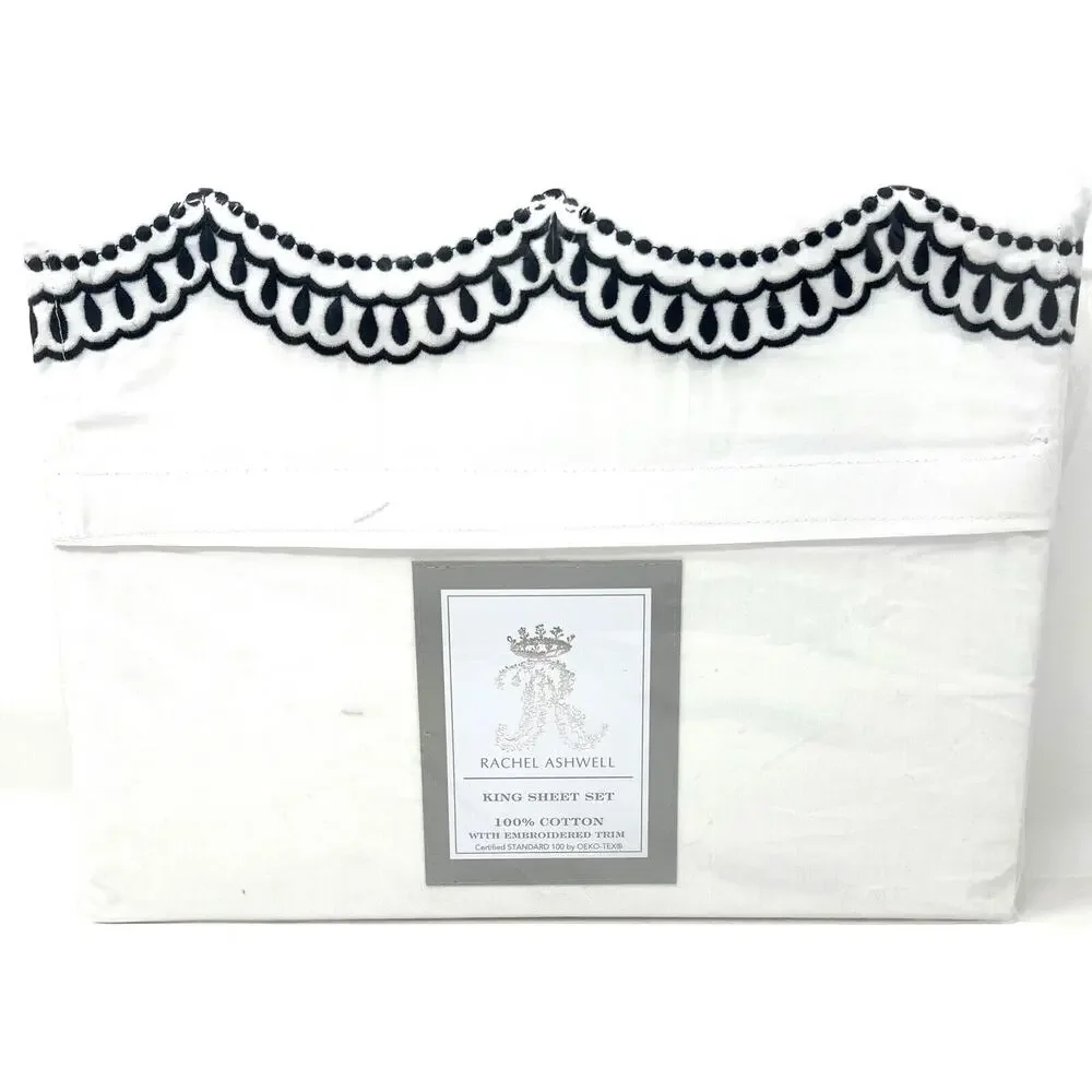 Rachel Ashwell Embroidered Scallop KING Sheet Set NAVY BLUE White 100% Cotton